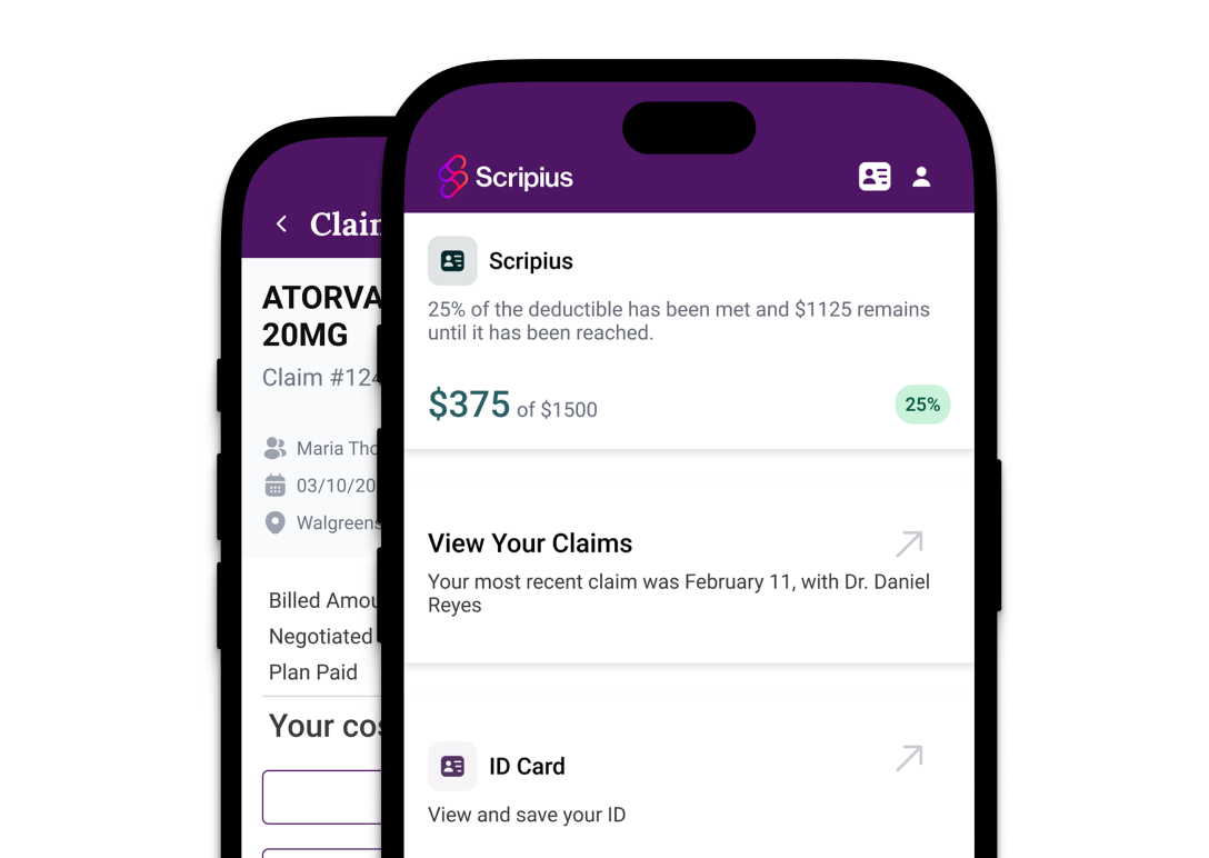 Two smartphones display the Scripius mobile application interface for managing insurance claims. The front screen shows a deductible progress message, a claim amount of $375 of $1500, and a 25% indicator. Below are sections for viewing claims and accessing an ID card. The rear phone screen partially shows detailed claim information including ATORVASTATIN 20MG and a claim number. The overall design uses a purple header and clean white content cards.